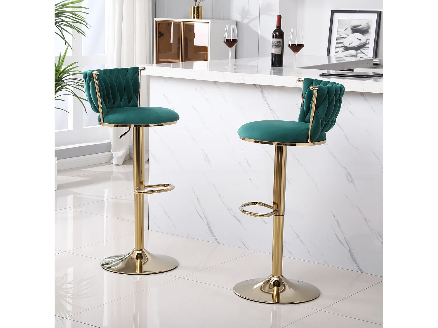 Lot de 2 tabourets de bar, pivotante, hauteur réglable, pied en metal, 40x42x81-102.9cm, vert