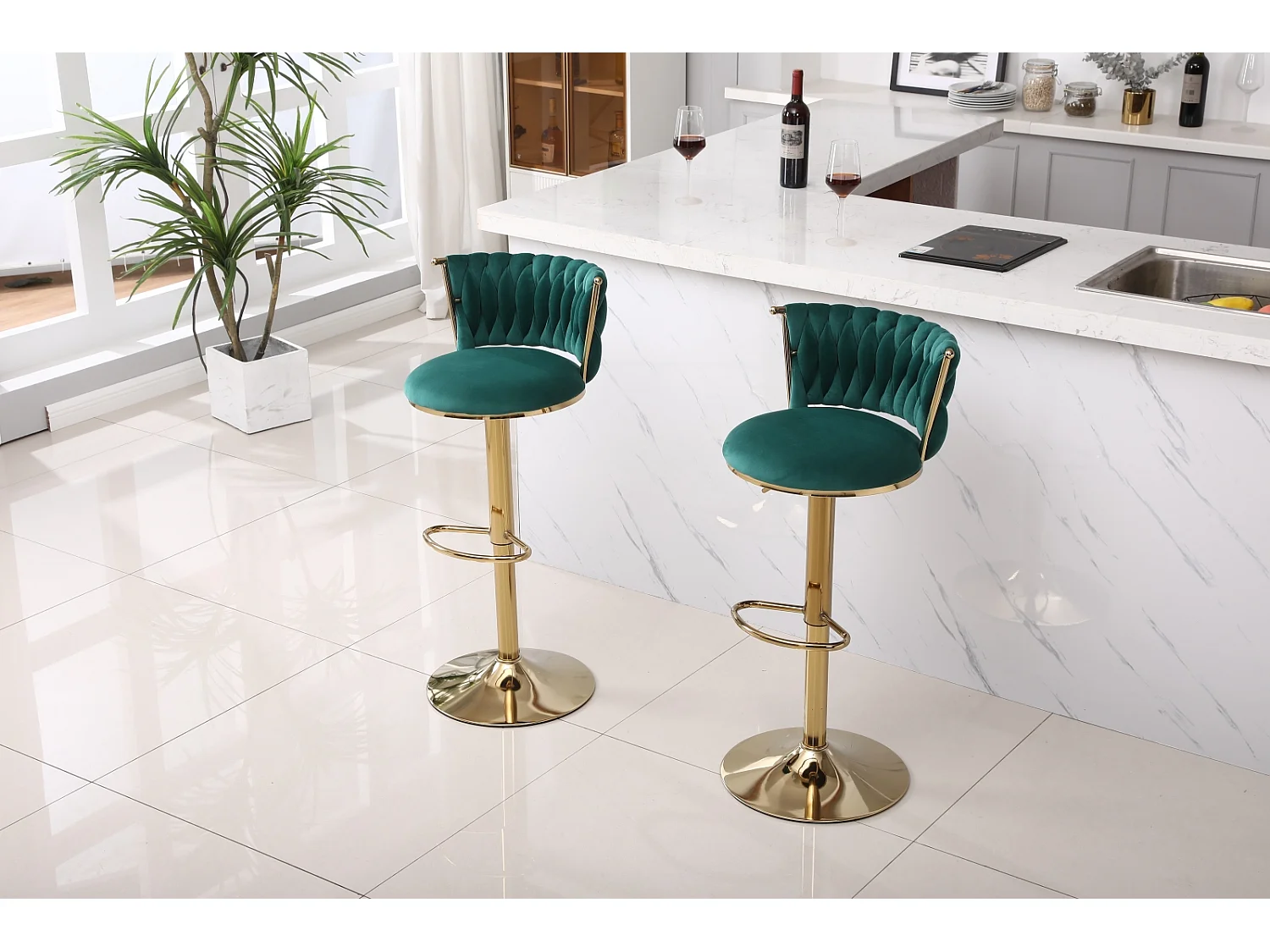Lot de 2 tabourets de bar, pivotante, hauteur réglable, pied en metal, 40x42x81-102.9cm, vert