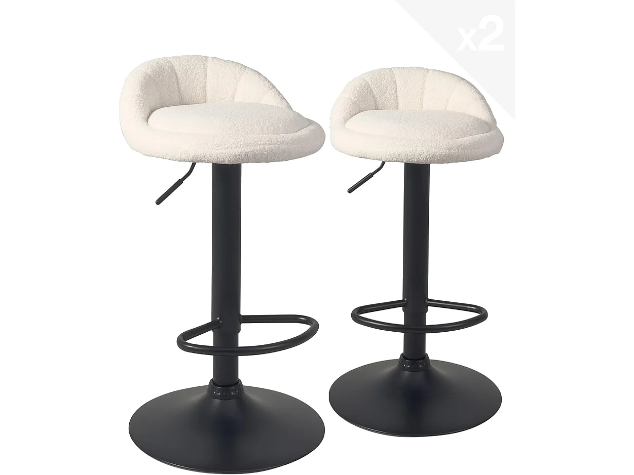 Lot 2 tabourets de bar cuisine tissu bouclette pivotant hauteur réglable pied noir SATI+ (Blanc)