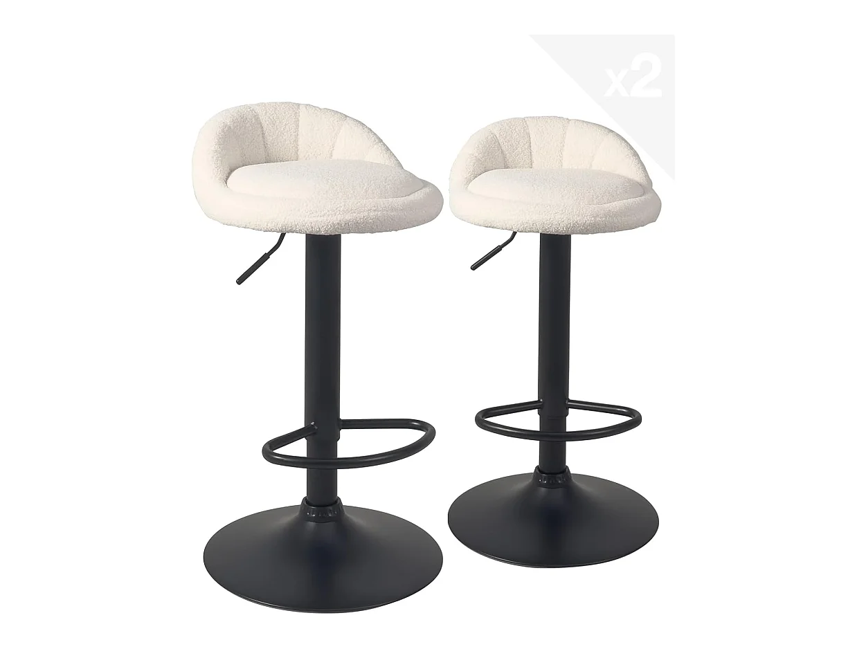 Lot 2 tabourets de bar cuisine tissu bouclette pivotant hauteur réglable pied noir SATI+ (Blanc)
