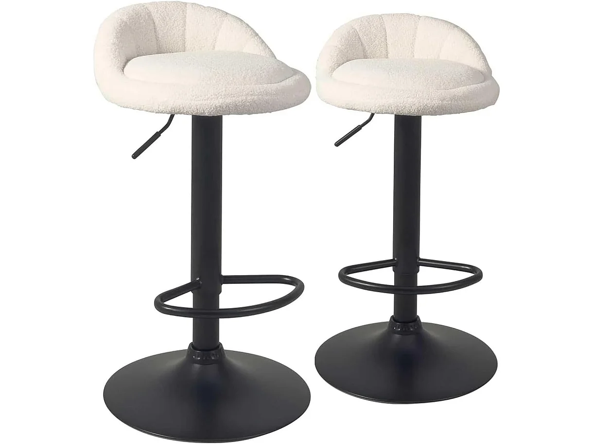 Lot 2 tabourets de bar cuisine tissu bouclette pivotant hauteur réglable pied noir SATI+ (Blanc)