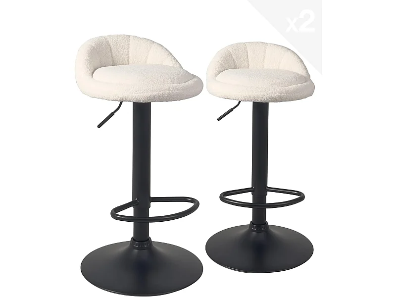 Lot 2 tabourets de bar cuisine tissu bouclette pivotant hauteur réglable pied noir SATI+ (Blanc)