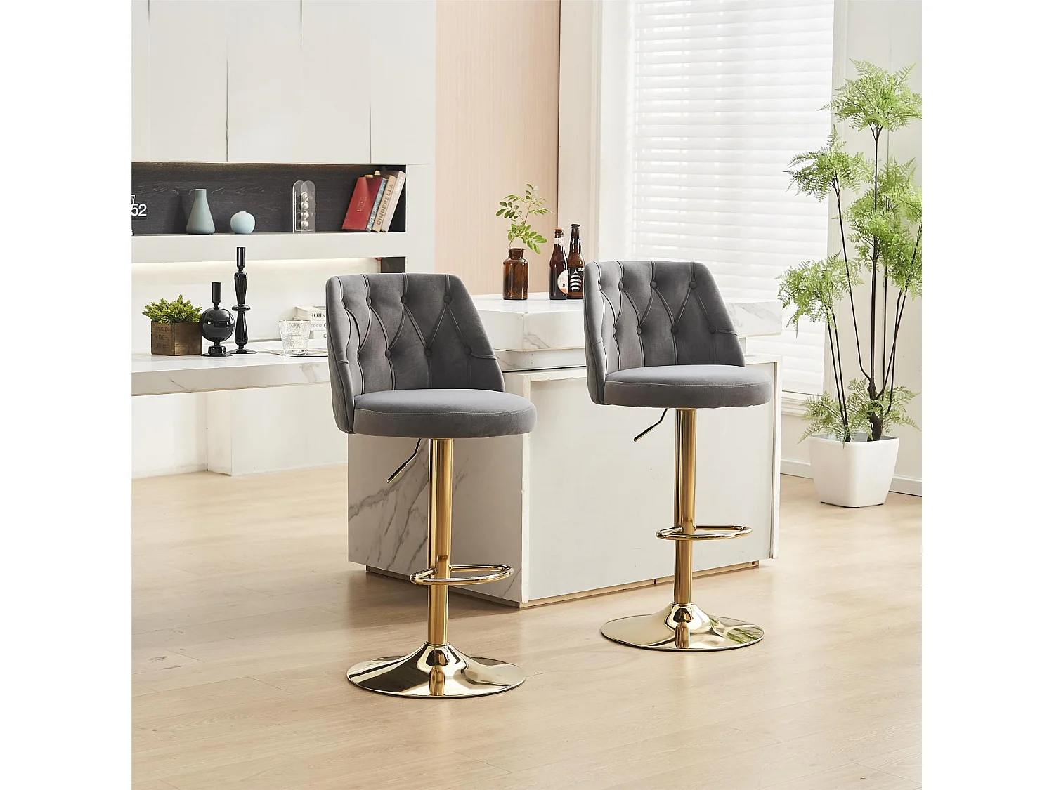 Lot de 2 tabourets de bar pivotante, hauteur réglable, avec dossier et repose-pieds, adapté aux bars, cuisines, en velours, gris