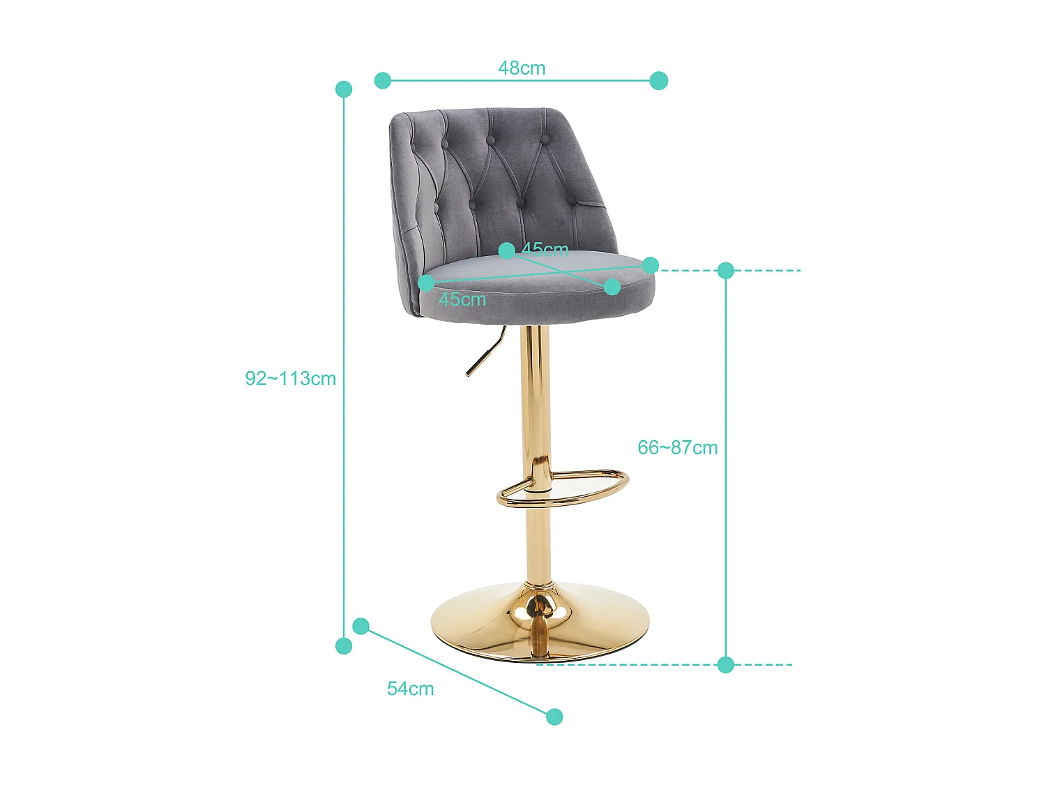 Lot de 2 tabourets de bar pivotante, hauteur réglable, avec dossier et repose-pieds, adapté aux bars, cuisines, en velours, gris