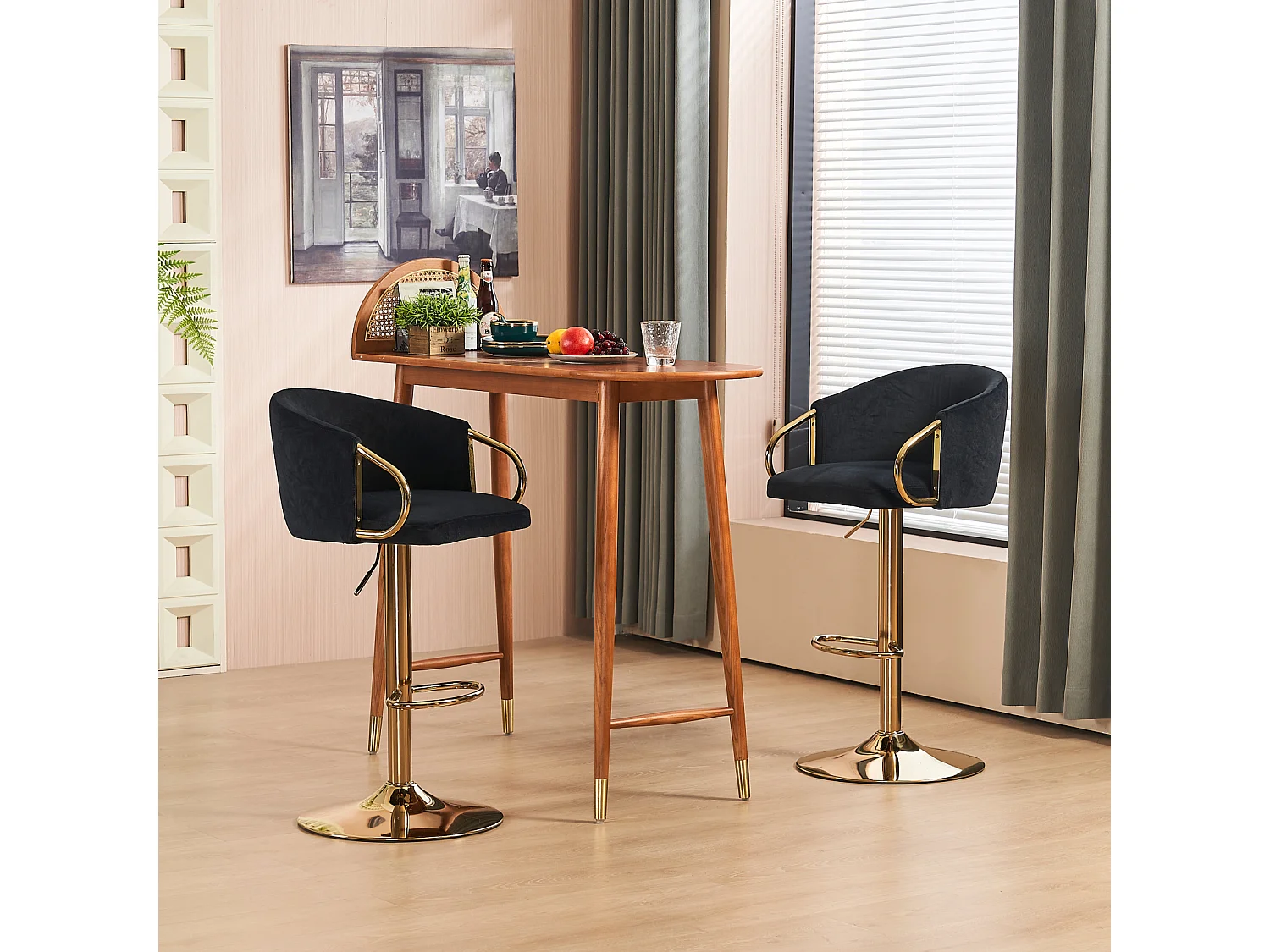 Lot de 2 tabourets de bar, rotatif, réglable en hauteur, tabouret élévateur avec dossier central et repose-pieds doré, noir