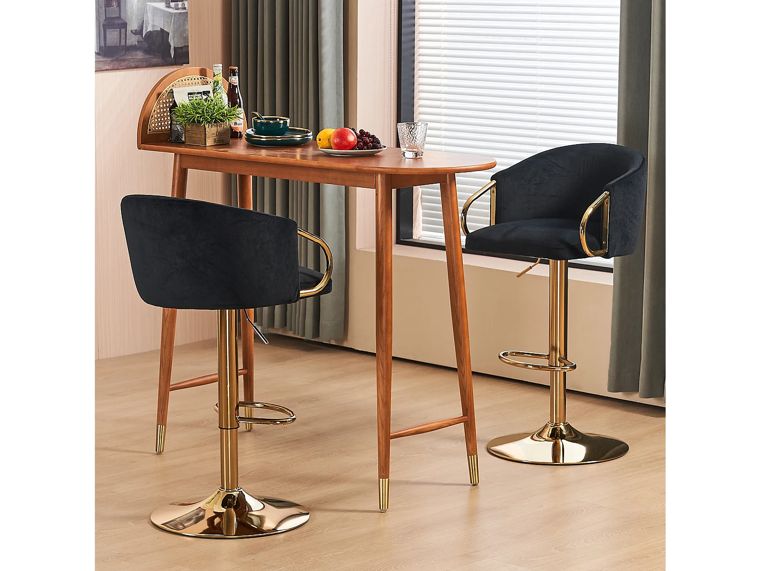 Lot de 2 tabourets de bar, rotatif, réglable en hauteur, tabouret élévateur avec dossier central et repose-pieds doré, noir