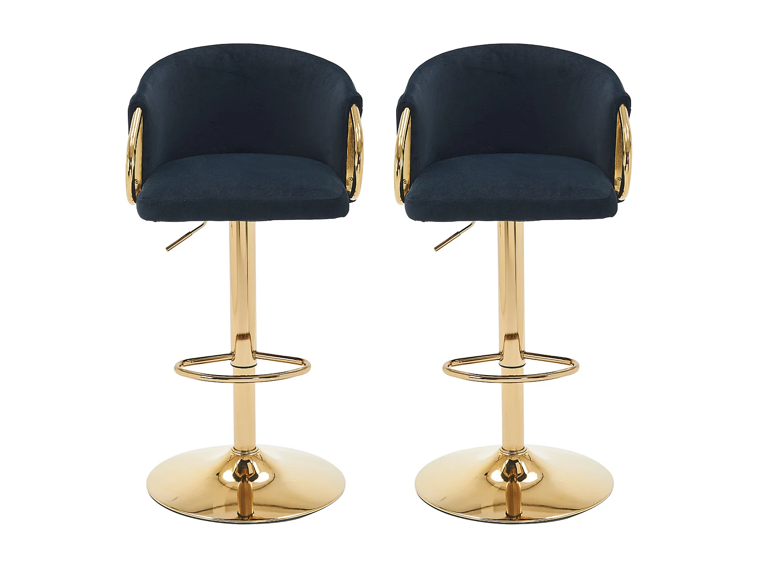 Lot de 2 tabourets de bar, rotatif, réglable en hauteur, tabouret élévateur avec dossier central et repose-pieds doré, noir