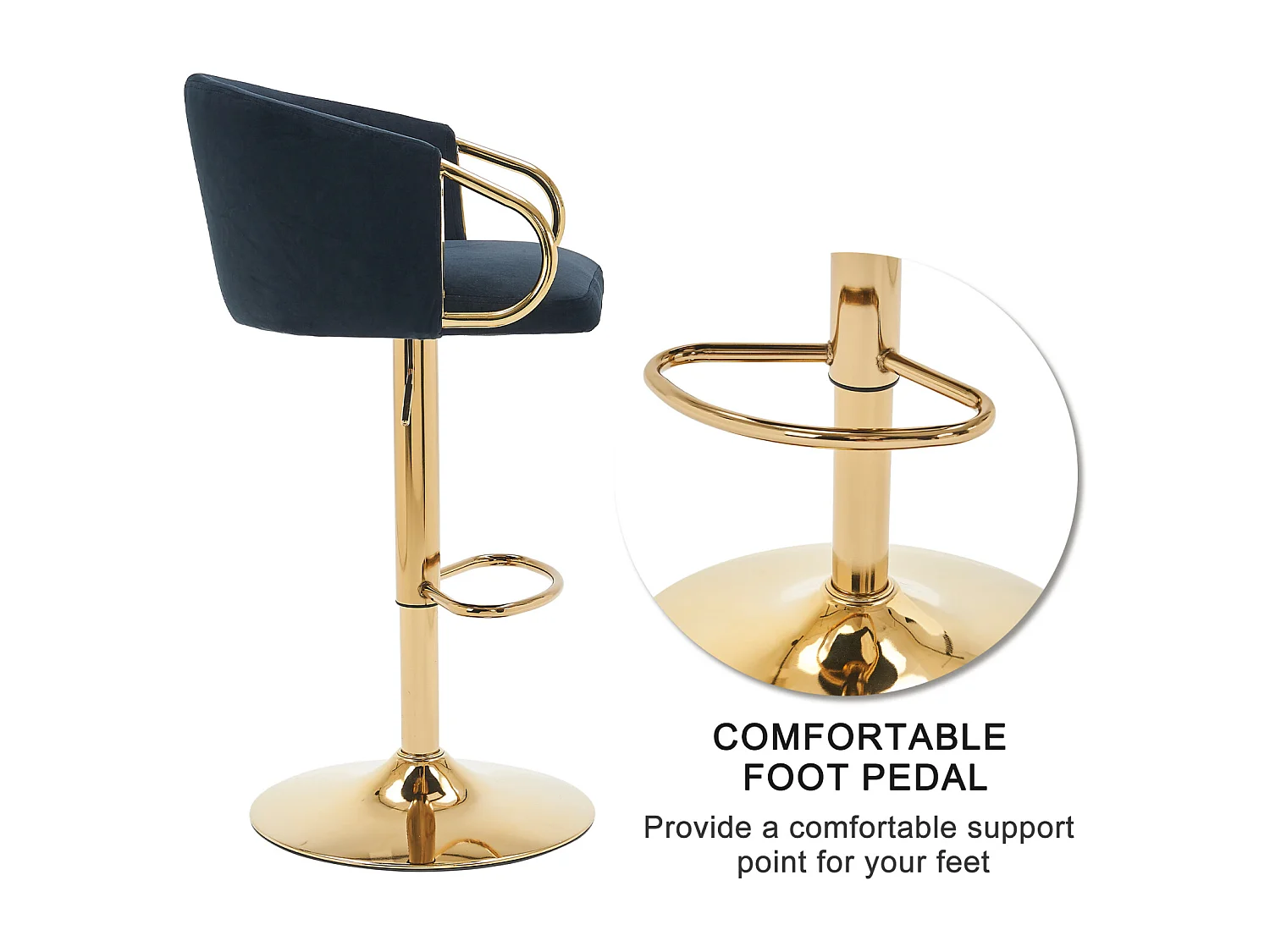 Lot de 2 tabourets de bar, rotatif, réglable en hauteur, tabouret élévateur avec dossier central et repose-pieds doré, noir