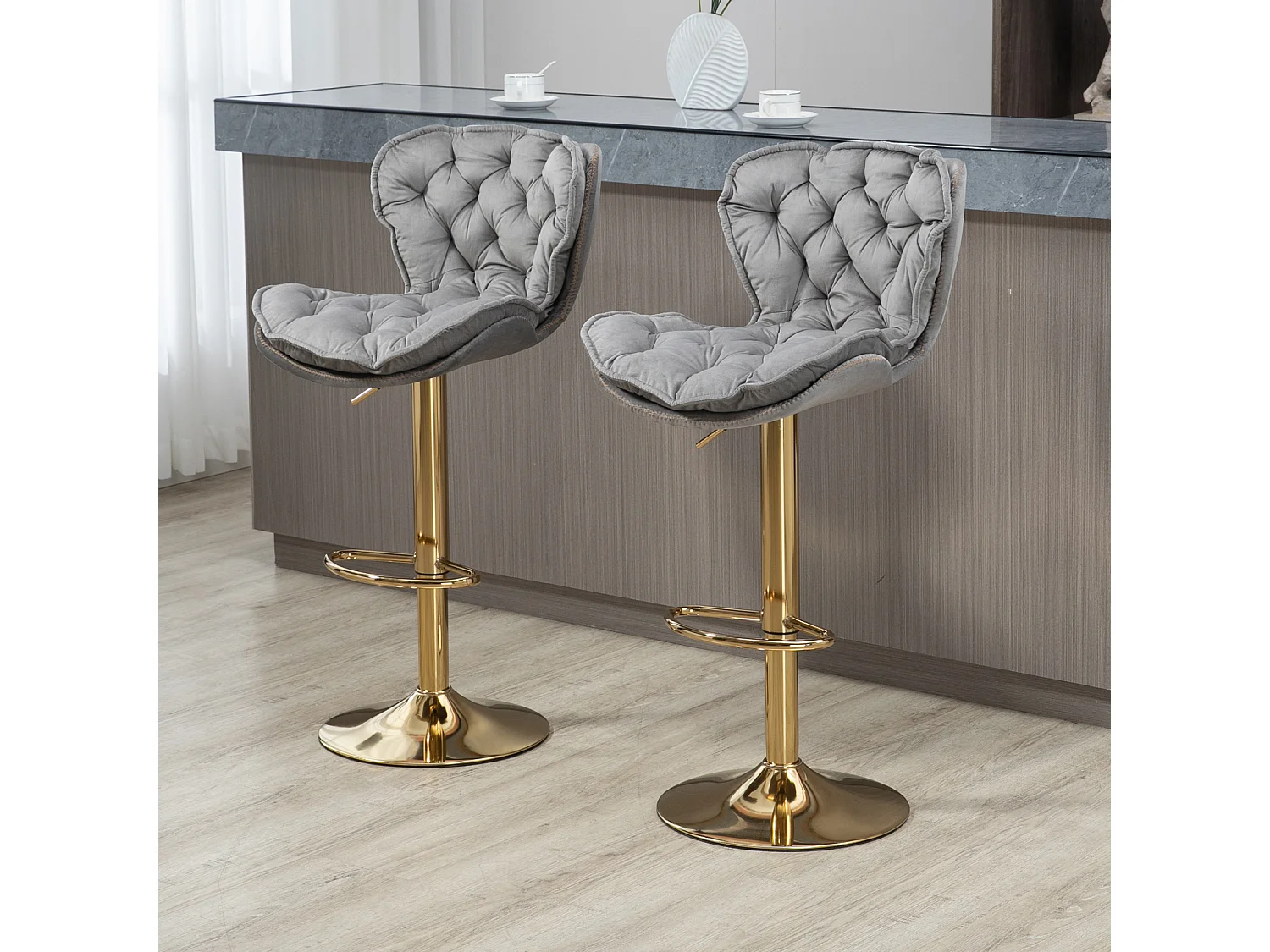 Set van 2 draaibare barkrukken 55x46x92-112cm, verstelbare barkrukken met voetenbank voor keuken eetkamer unieke stijl, grijs