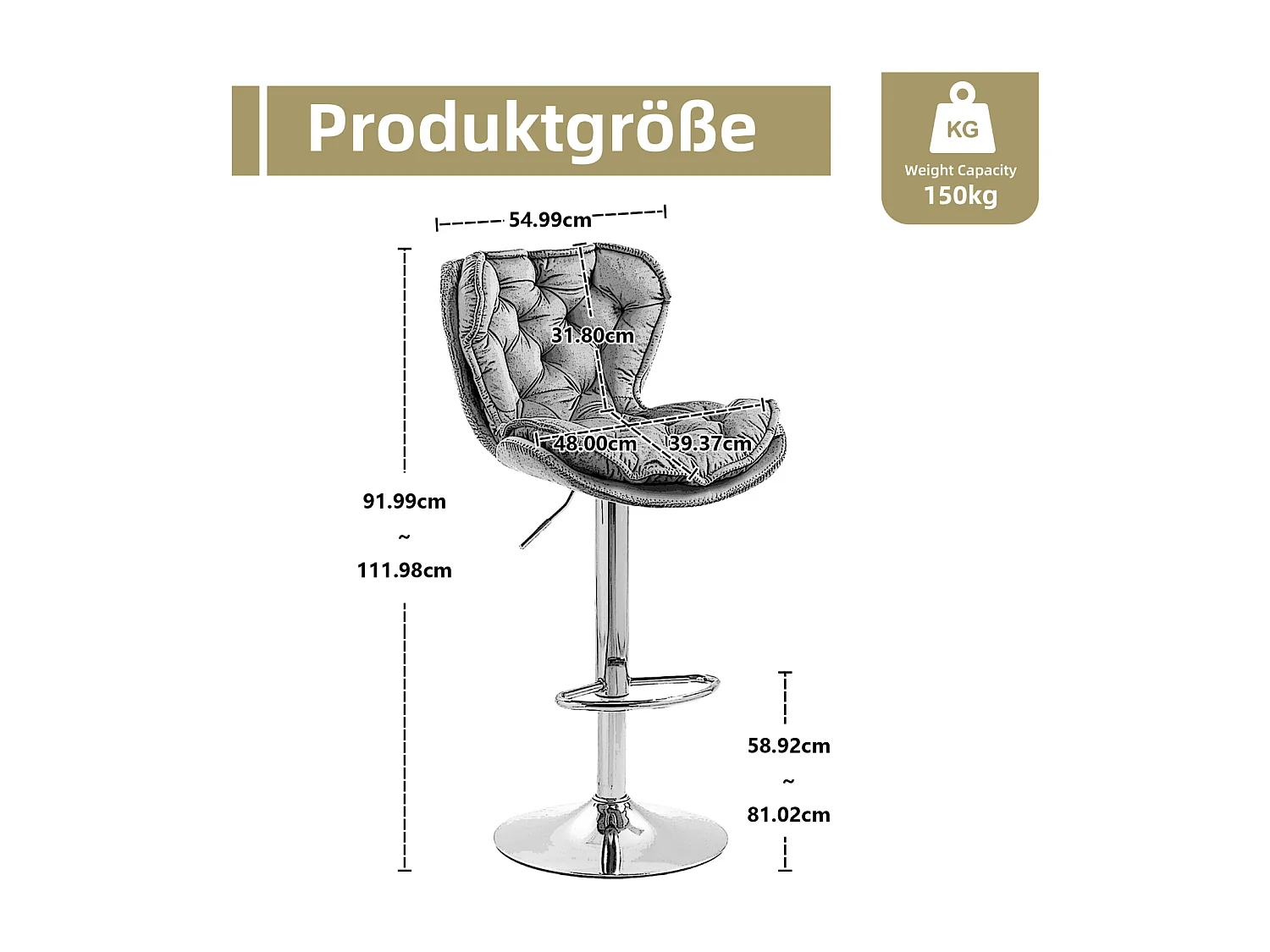 Set van 2 draaibare barkrukken 55x46x92-112cm, verstelbare barkrukken met voetenbank voor keuken eetkamer unieke stijl, grijs