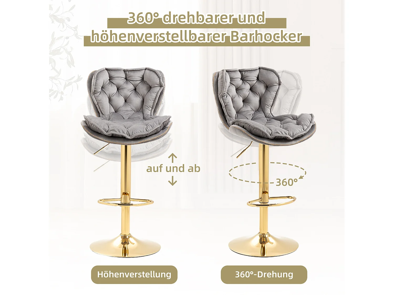 Set van 2 draaibare barkrukken 55x46x92-112cm, verstelbare barkrukken met voetenbank voor keuken eetkamer unieke stijl, grijs