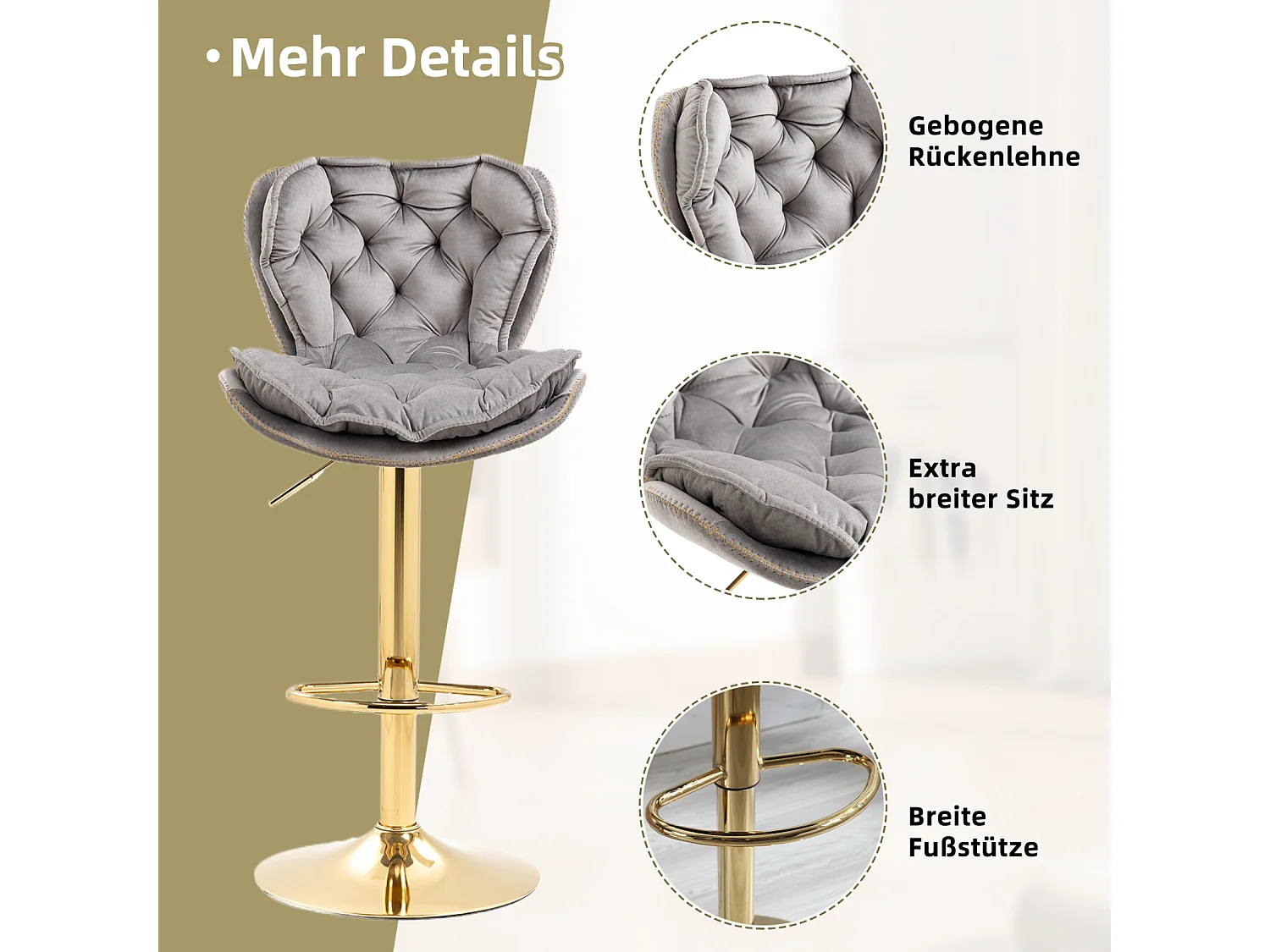 Set van 2 draaibare barkrukken 55x46x92-112cm, verstelbare barkrukken met voetenbank voor keuken eetkamer unieke stijl, grijs