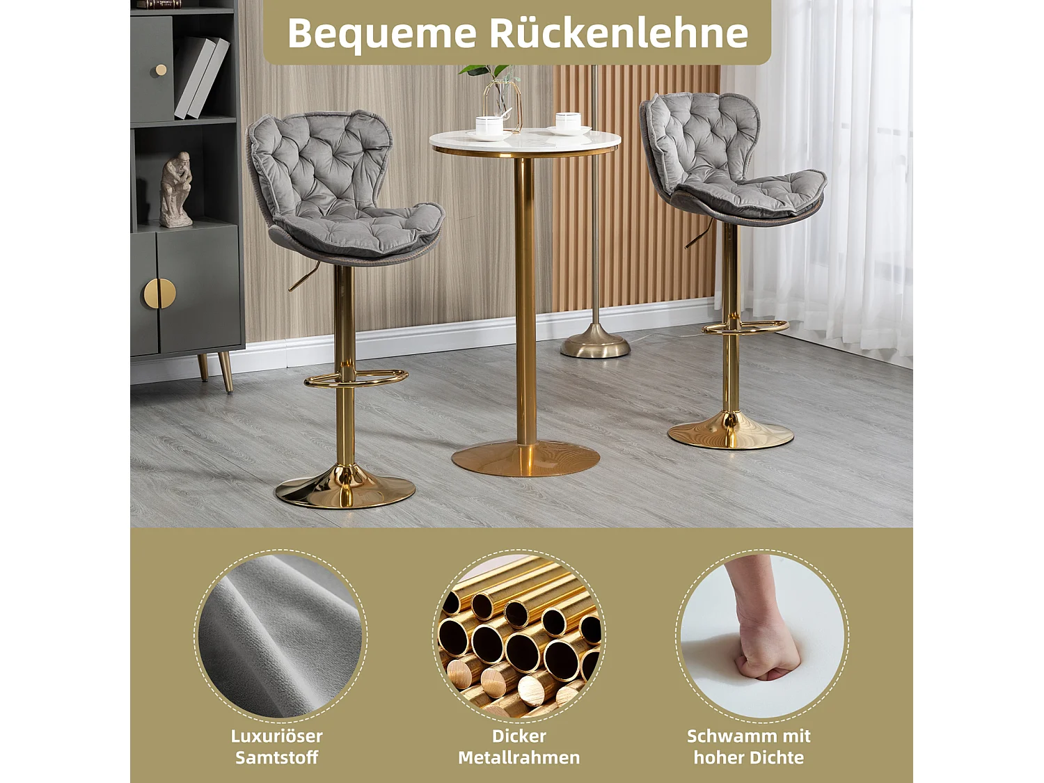 Set van 2 draaibare barkrukken 55x46x92-112cm, verstelbare barkrukken met voetenbank voor keuken eetkamer unieke stijl, grijs