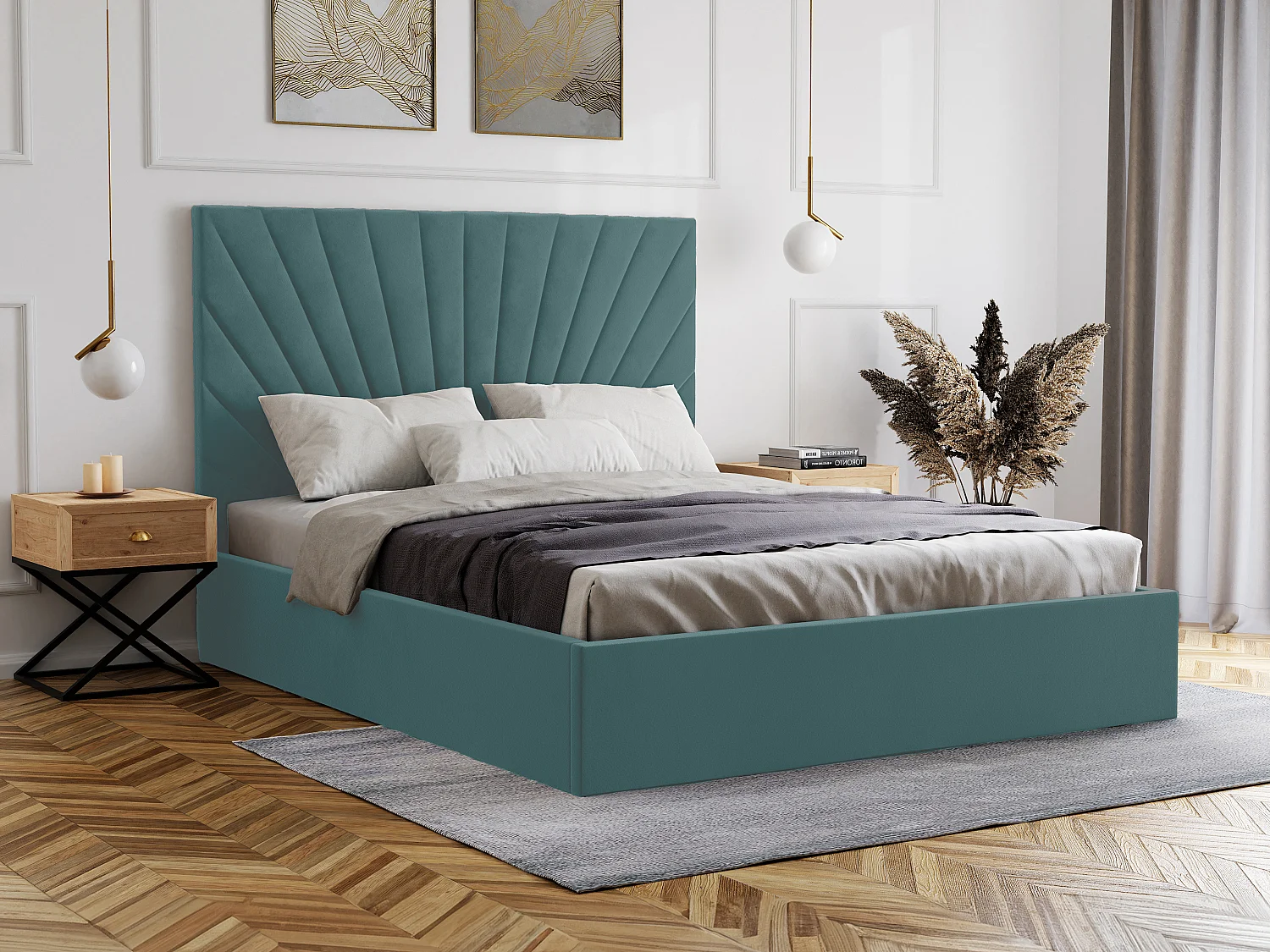 Lit coffre 160 x 200 cm - Velours - Bleu canard + Matelas - RILIODA de Pascal Morabito