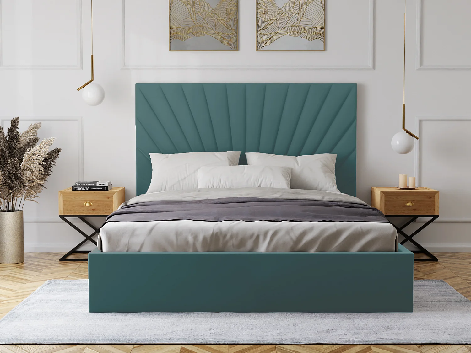 Lit coffre 160 x 200 cm - Velours - Bleu canard + Matelas - RILIODA de Pascal Morabito