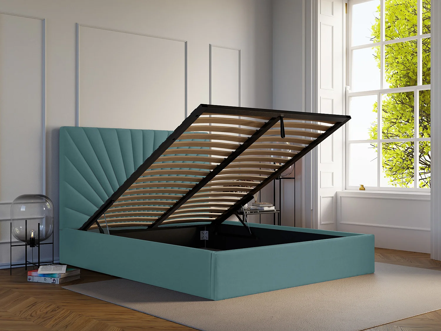 Lit coffre 160 x 200 cm - Velours - Bleu canard + Matelas - RILIODA de Pascal Morabito