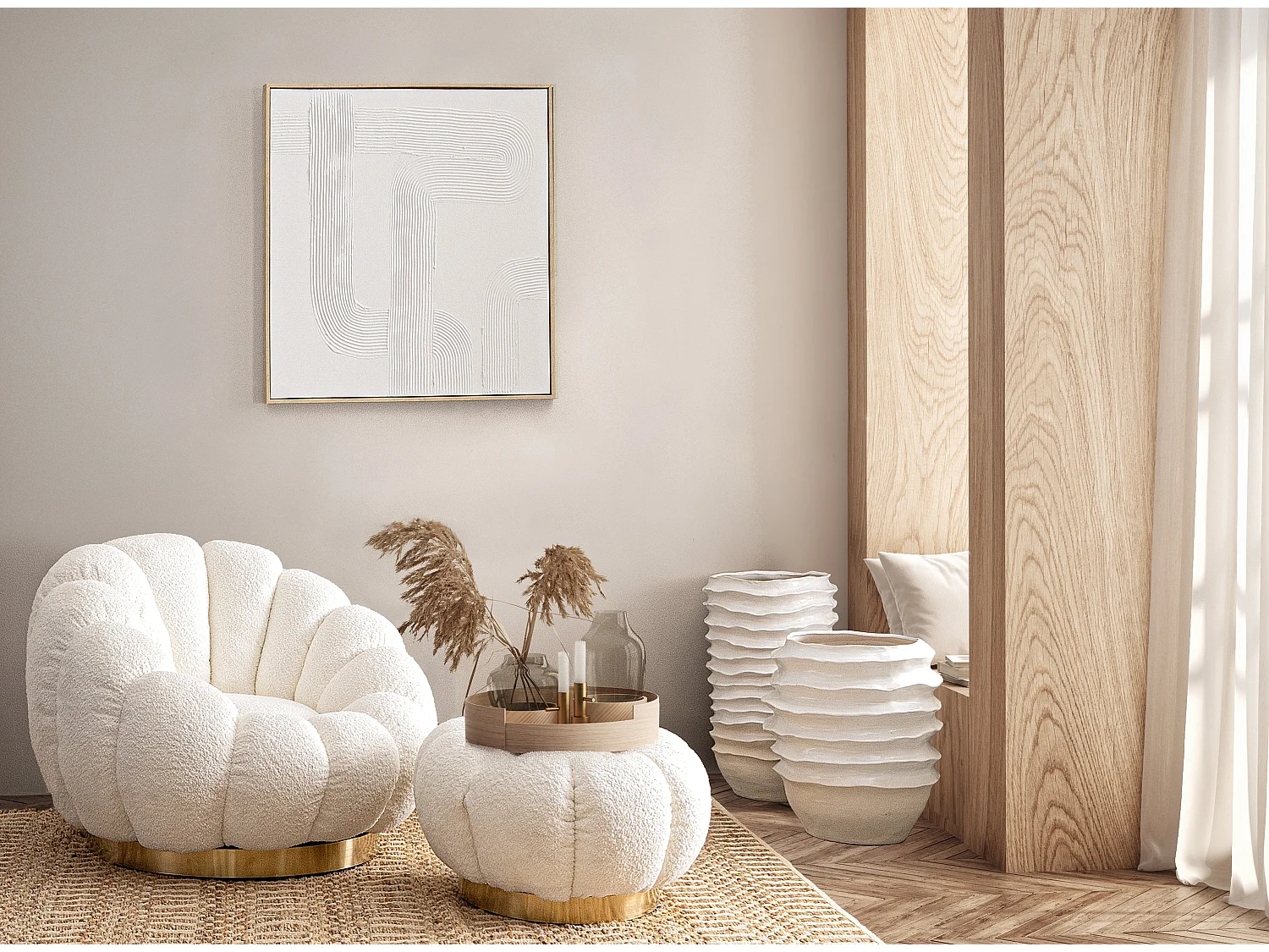 Pouf FLORE – Élégance douce en tissu bouclette-Blanc