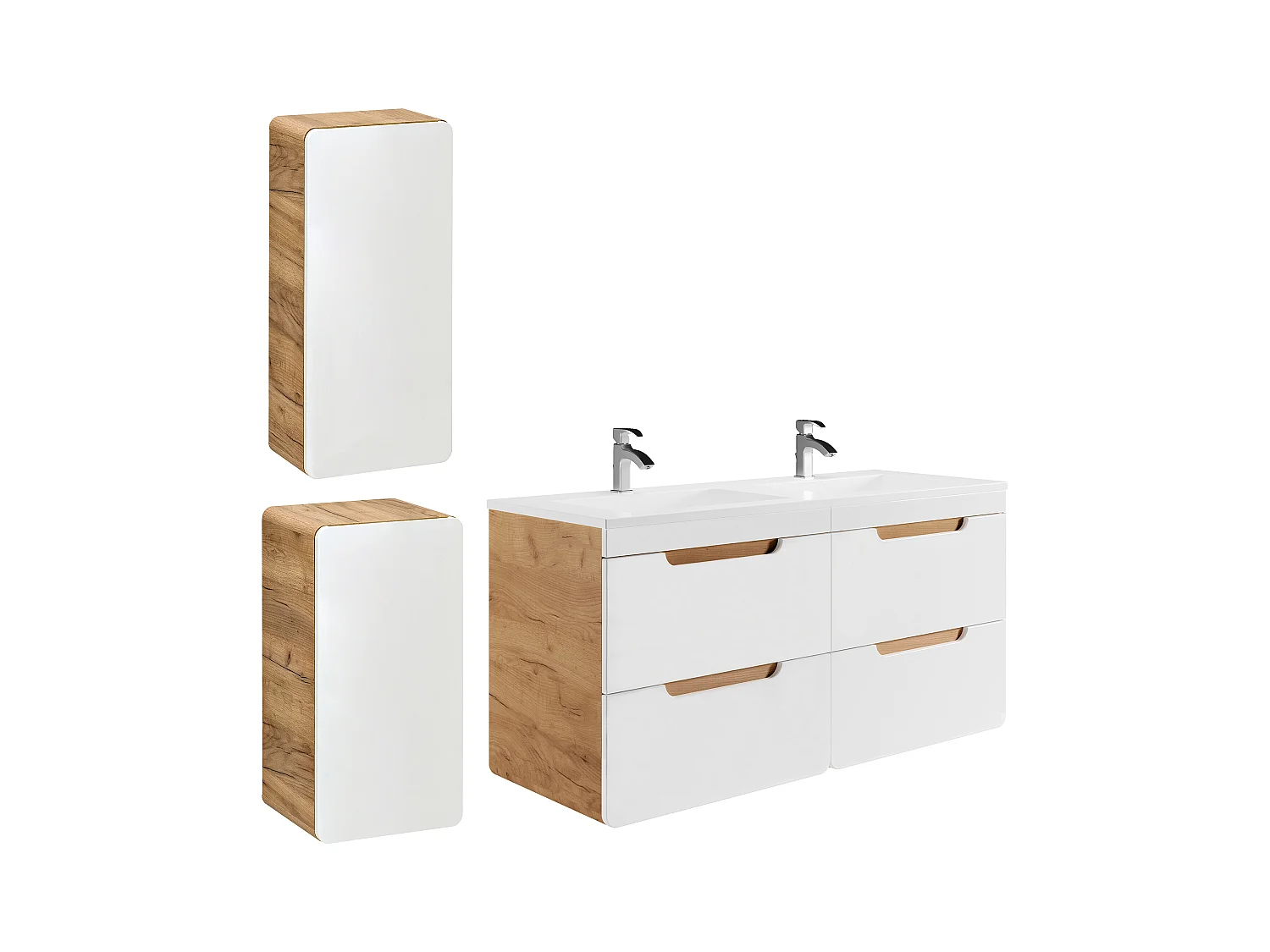 Mueble de baño flotante con lavabo encastrado y dos columnas - 120 cm - Color natural y blanco - ARUBA