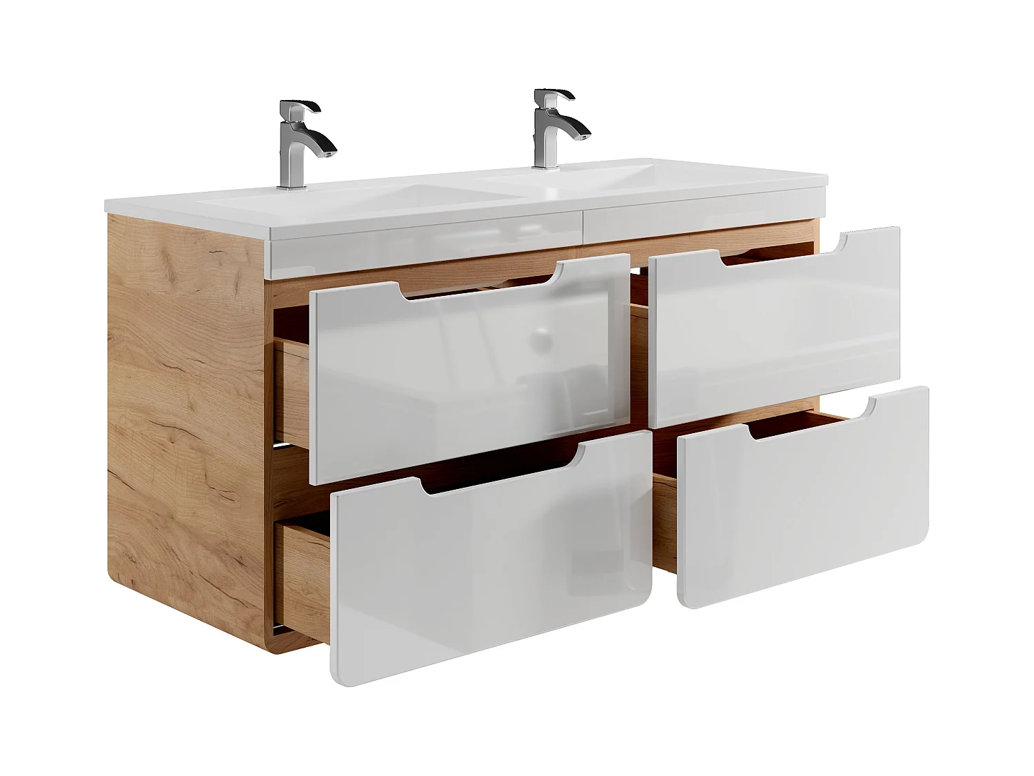 Mueble de baño flotante con lavabo encastrado y dos columnas - 120 cm - Color natural y blanco - ARUBA
