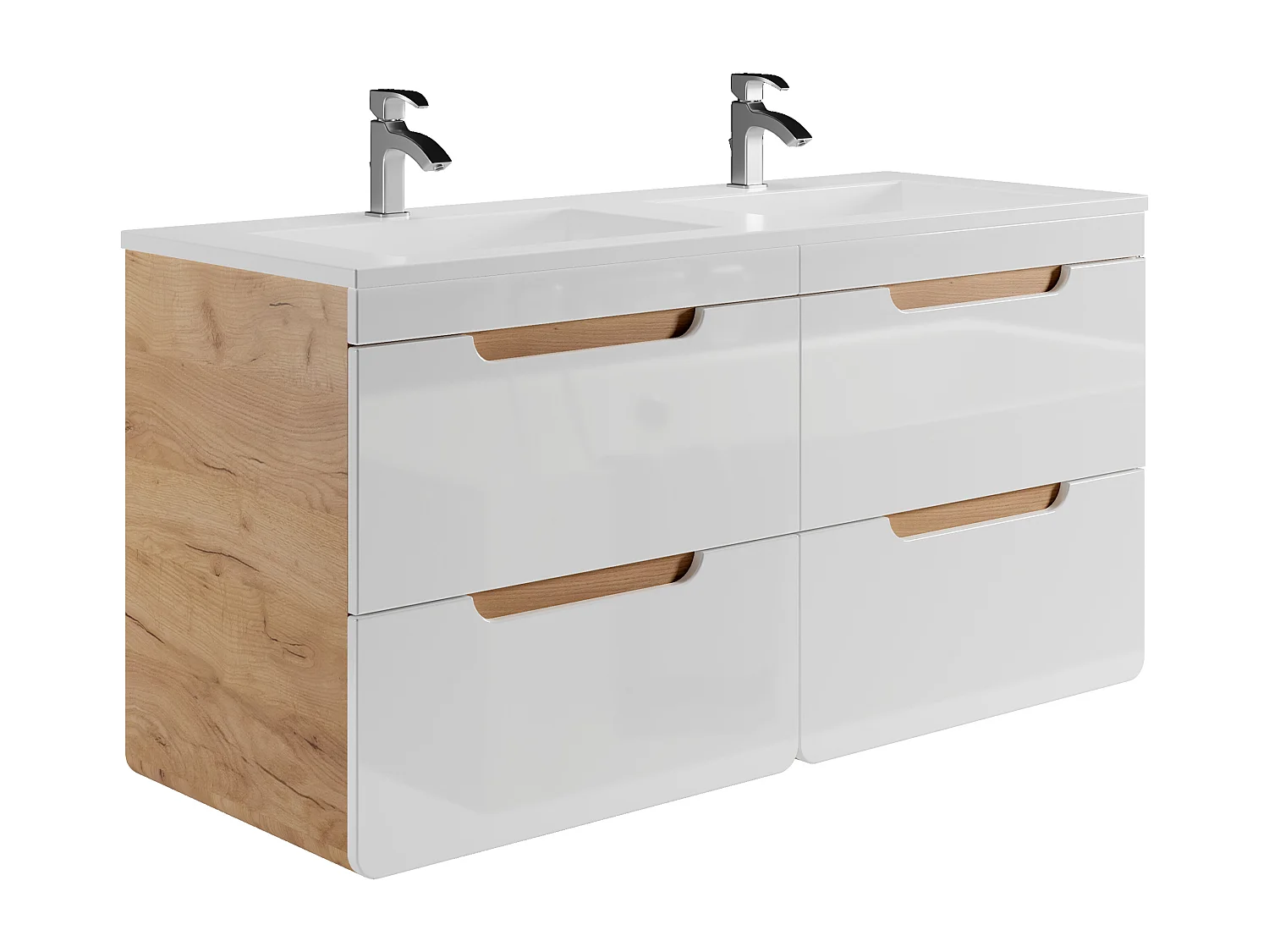 Meuble de salle de bain suspendu avec vasque à encastrer et deux colonnes - 120 cm - Coloris naturel et blanc - ARUBA