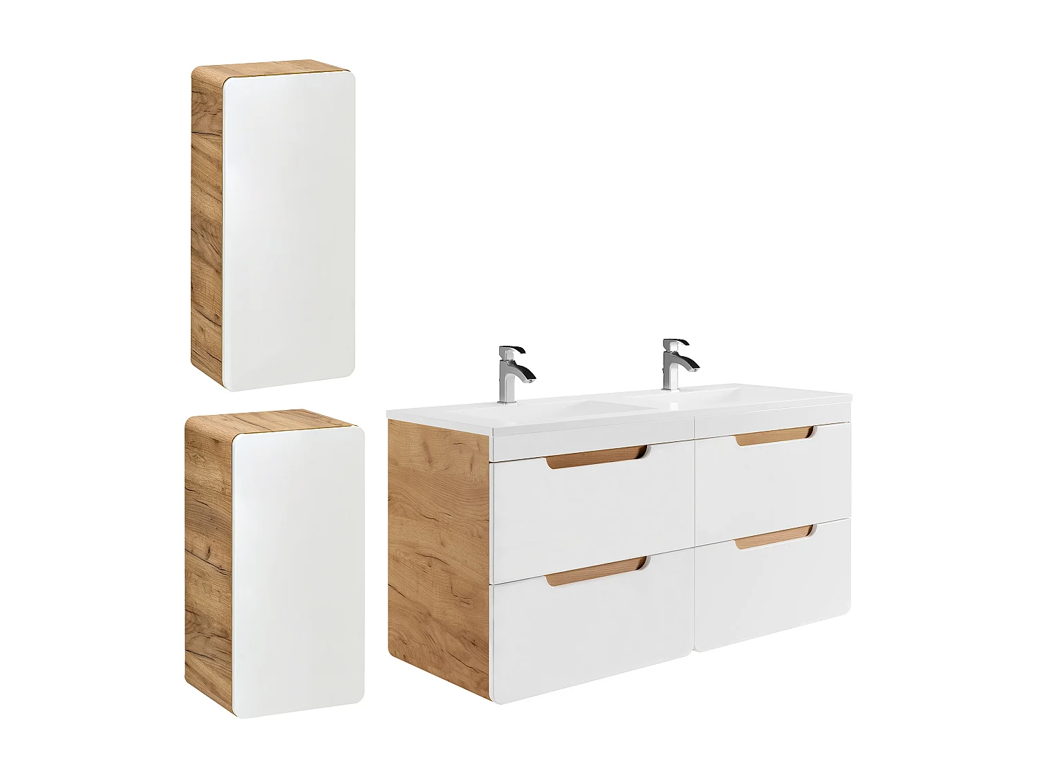 Meuble de salle de bain suspendu avec vasque à encastrer et deux colonnes - 120 cm - Coloris naturel et blanc - ARUBA