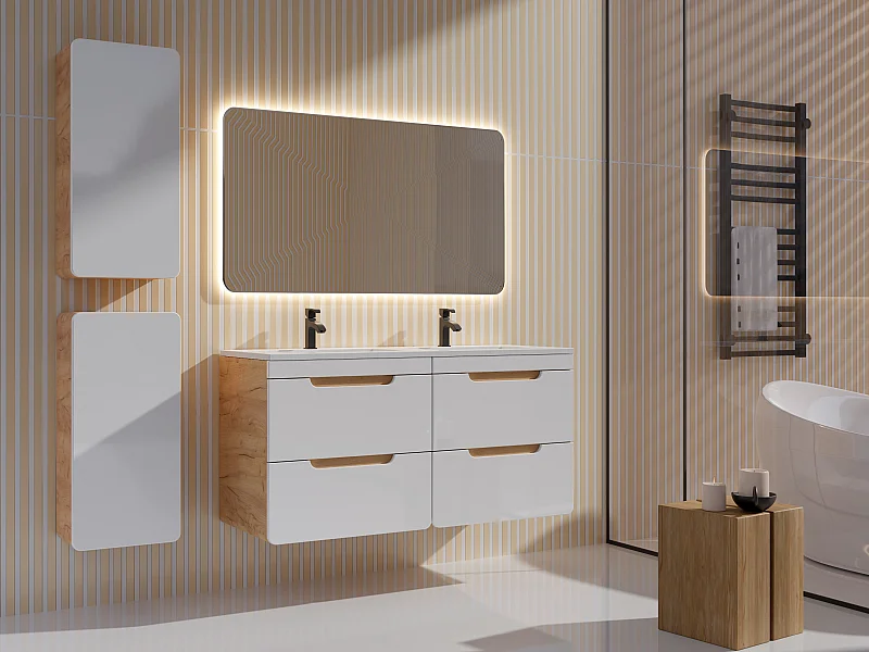 Meuble de salle de bain suspendu avec vasque à encastrer et deux colonnes - 120 cm - Coloris naturel et blanc - ARUBA