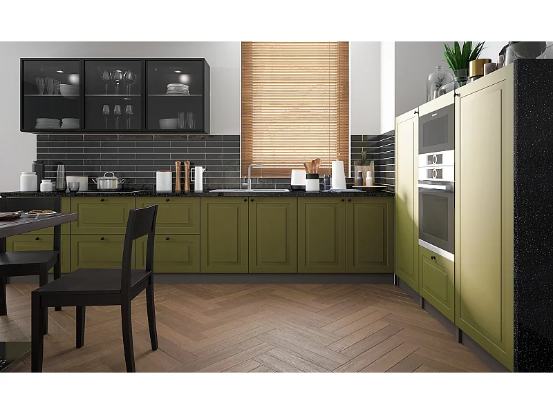 WINKELKÜCHE Rimini lava - schwarz / farngrün matt - schwarz glas 11-teilig