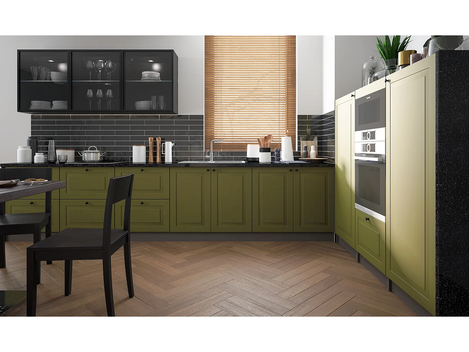 WINKELKÜCHE Rimini lava - schwarz / farngrün matt - schwarz glas 11-teilig