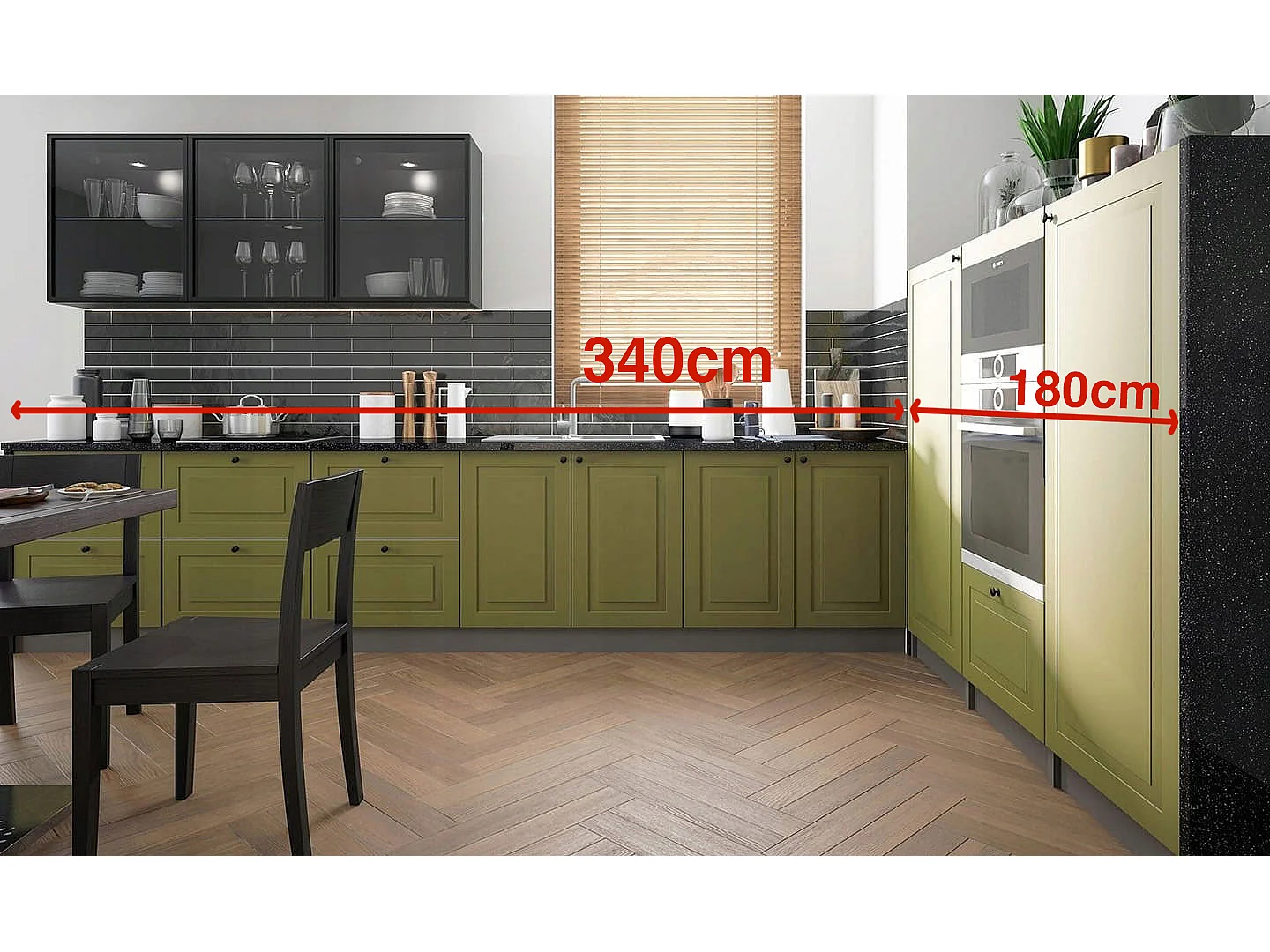 WINKELKÜCHE Rimini lava - schwarz / farngrün matt - schwarz glas 11-teilig