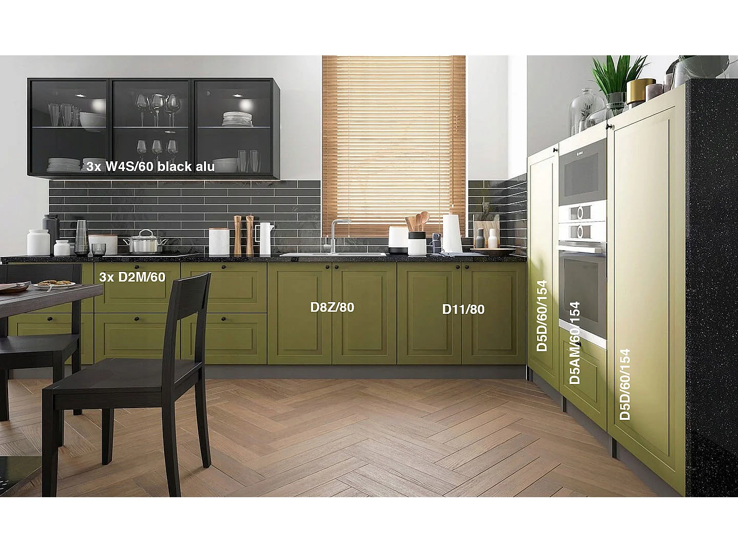 WINKELKÜCHE Rimini lava - schwarz / farngrün matt - schwarz glas 11-teilig