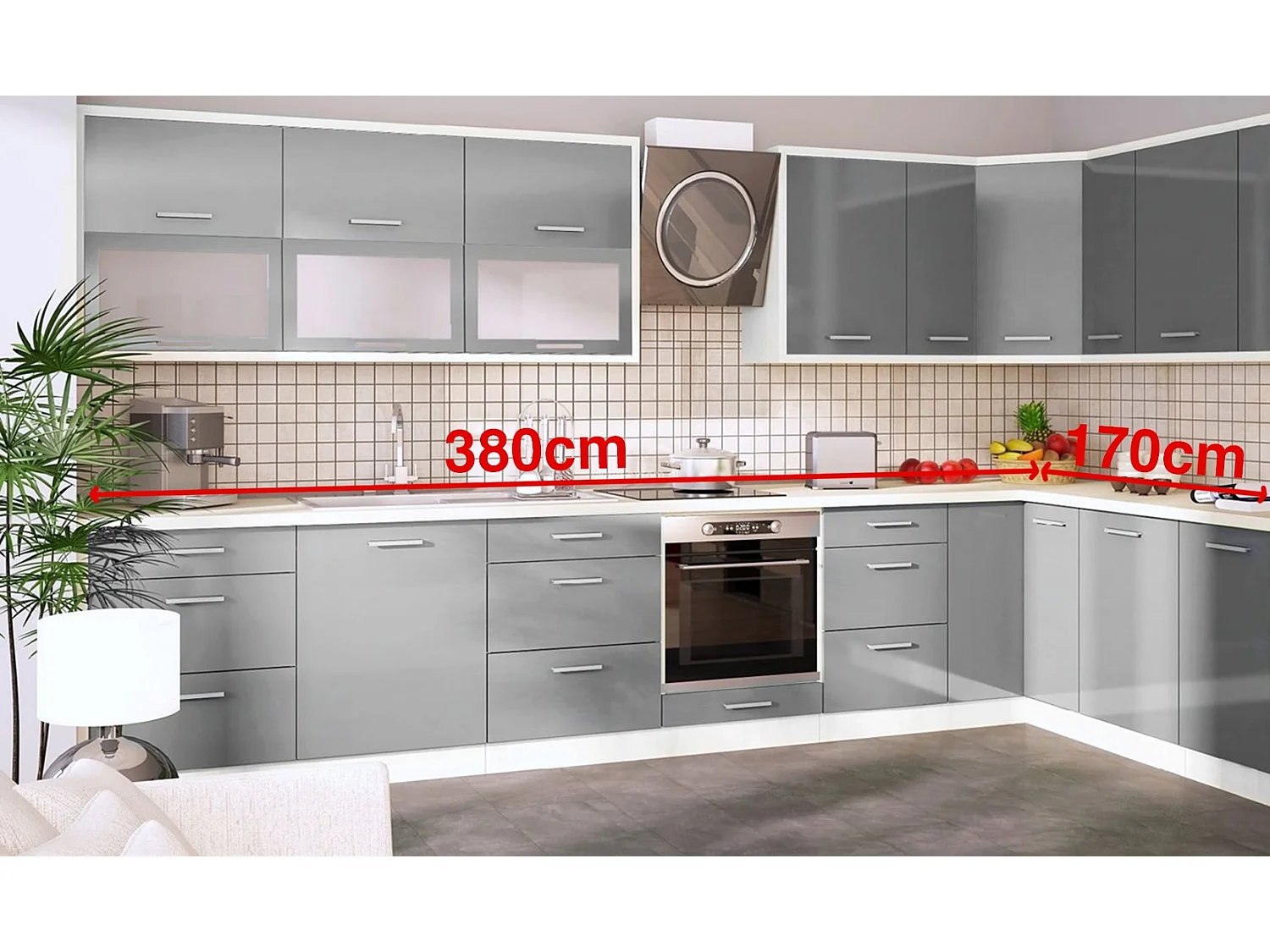 WINKELKÜCHE Brerra weiß / fenstergrau hochglanz 18-teilig