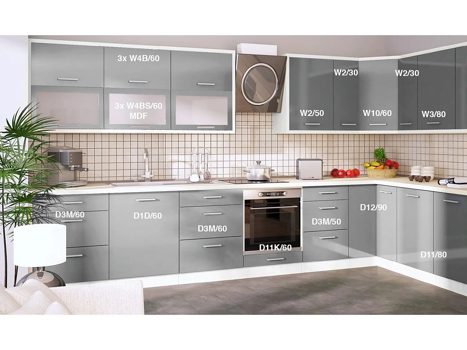 WINKELKÜCHE Brerra weiß / fenstergrau hochglanz 18-teilig