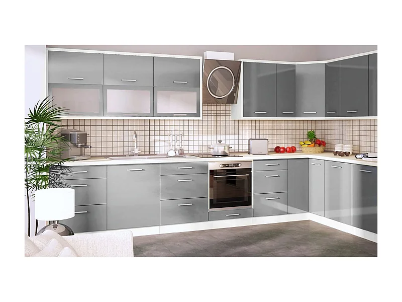 WINKELKÜCHE Brerra weiß / fenstergrau hochglanz 18-teilig