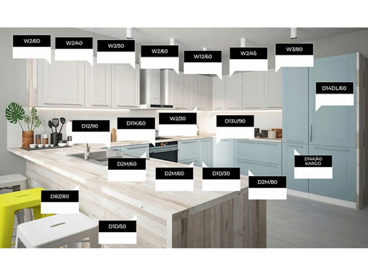 WINKELKÜCHE Rimini weiß / pastellblau - reinweiß matt 19-teilig