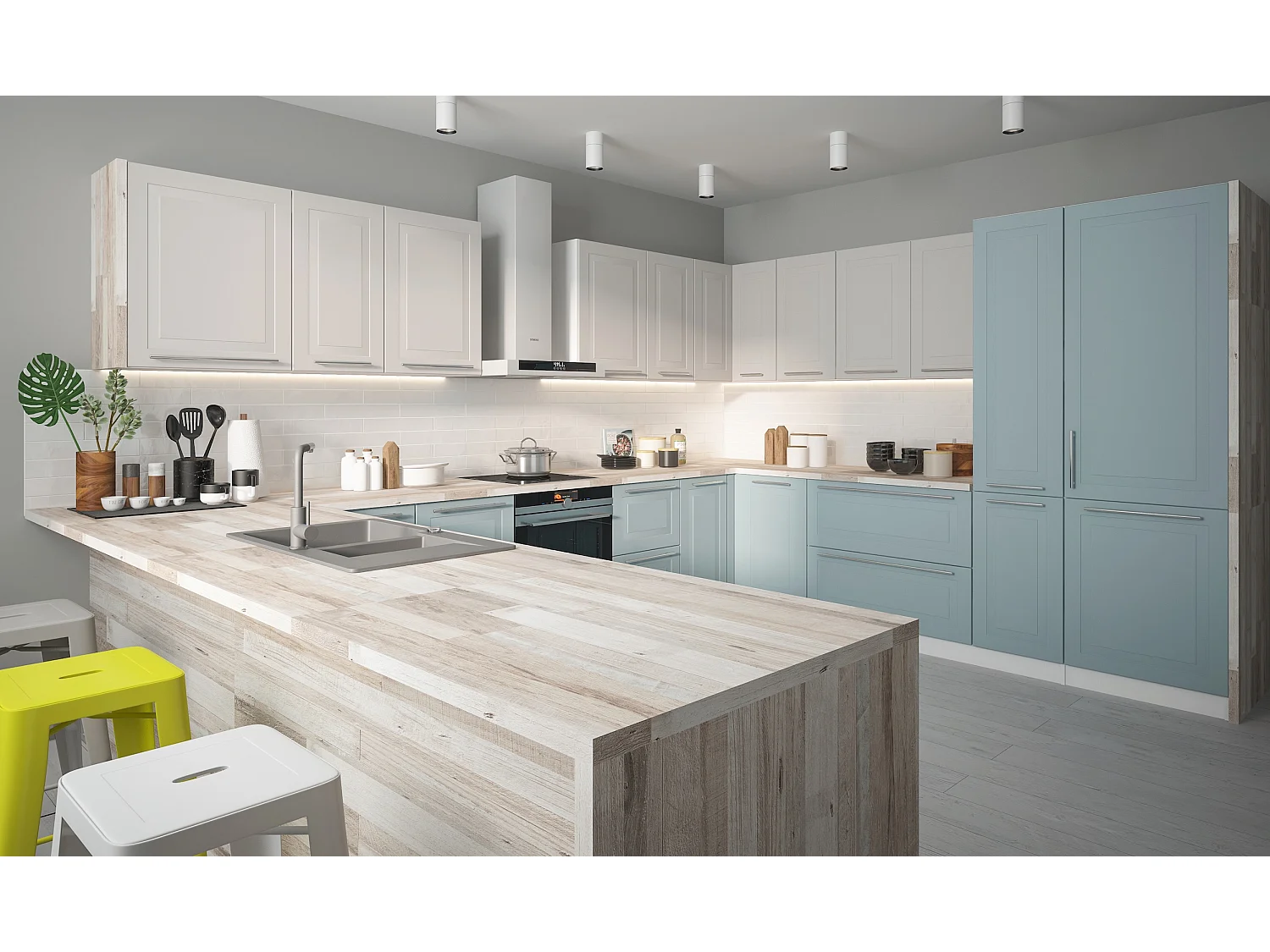 WINKELKÜCHE Rimini weiß / pastellblau - reinweiß matt 19-teilig