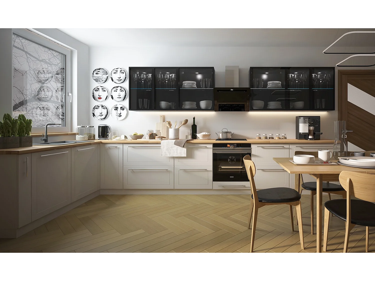 WINKELKÜCHE Bari weiß - schwarz / reinweiß matt - schwarz glas 15-teilig