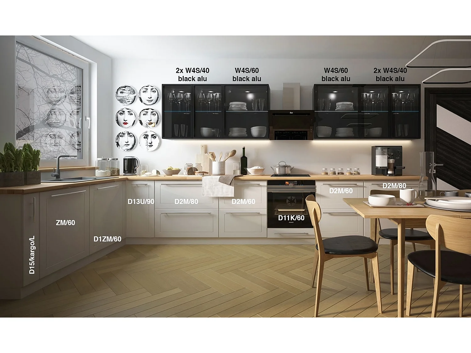 WINKELKÜCHE Bari weiß - schwarz / reinweiß matt - schwarz glas 15-teilig