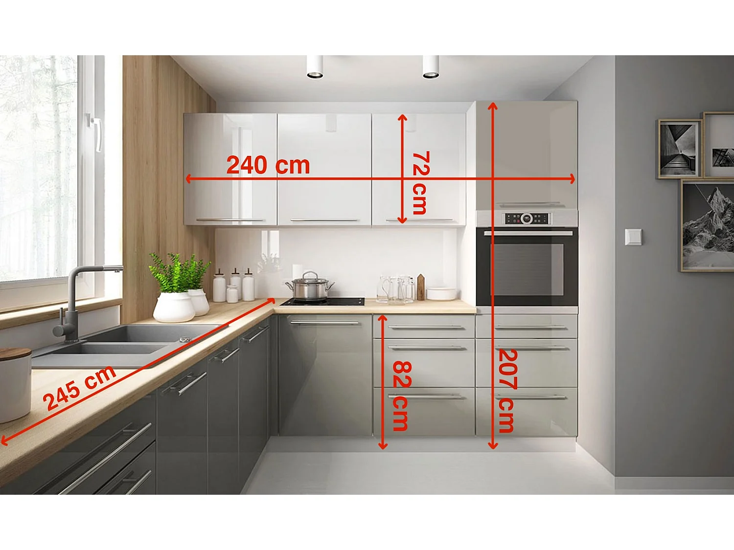 WINKELKÜCHE Brerra grau / verkehrsweiß-seidengrau hochglanz 9-teilig