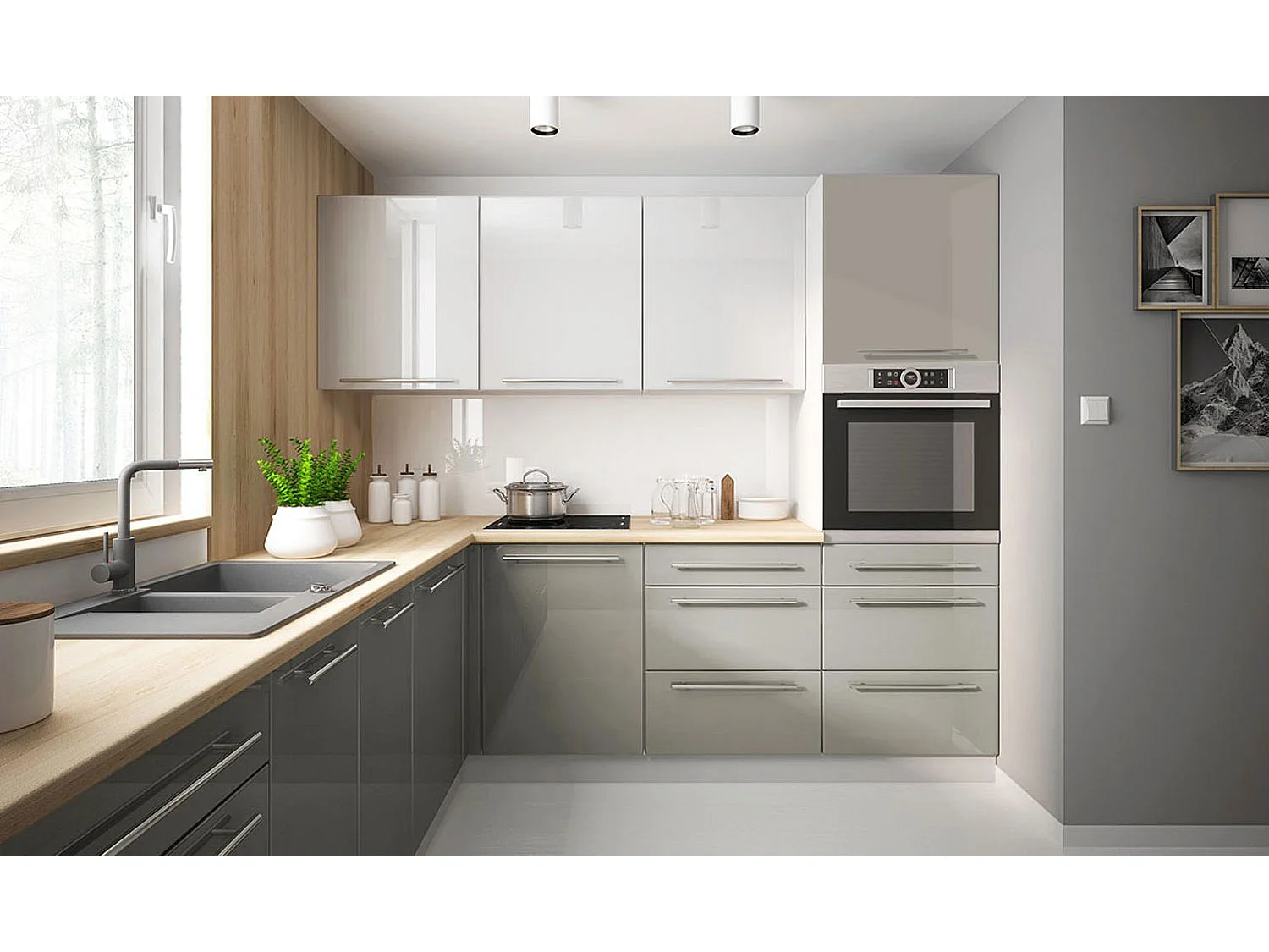 WINKELKÜCHE Brerra grau / verkehrsweiß-seidengrau hochglanz 9-teilig