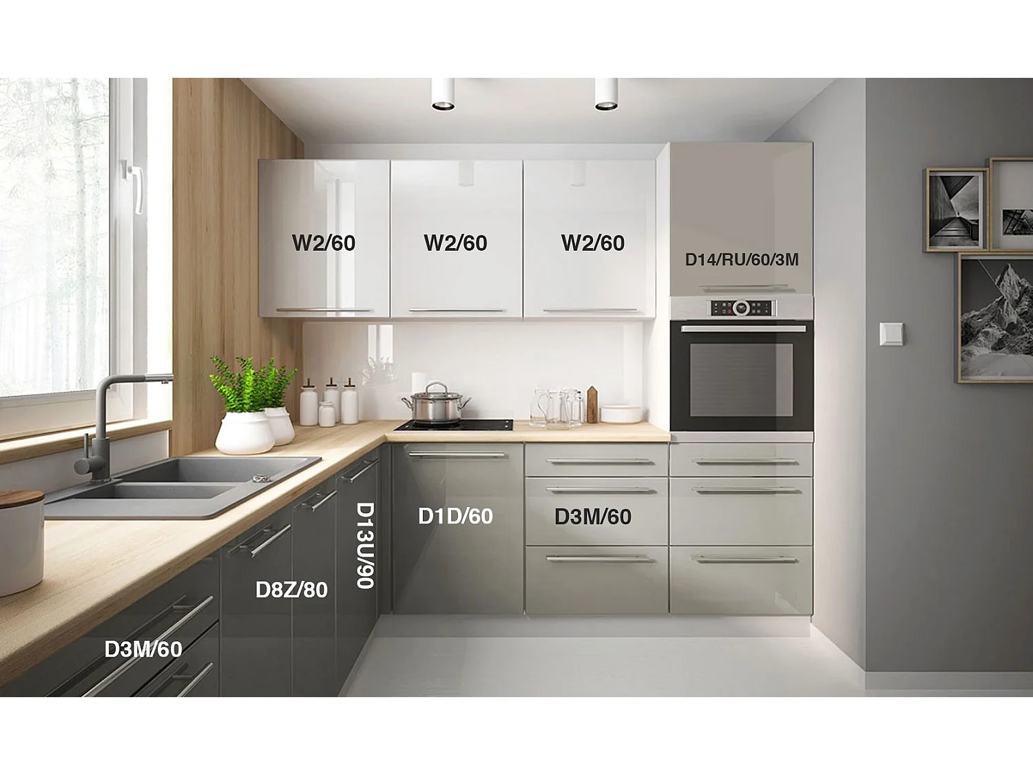 WINKELKÜCHE Brerra grau / verkehrsweiß-seidengrau hochglanz 9-teilig