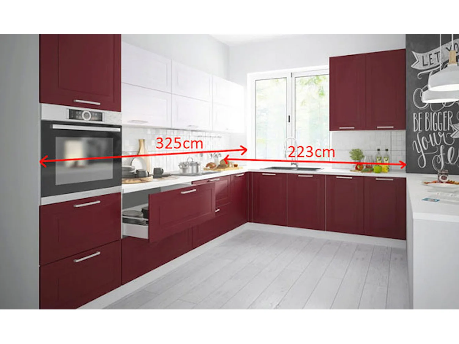 WINKELKÜCHE Rimini grau / signalweiß - purpurrot matt 10-teilig