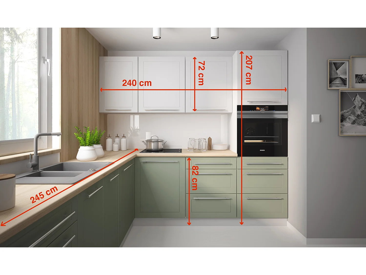 WINKELKÜCHE Bari grau / signalweiß-blassgrün matt 9-teilig
