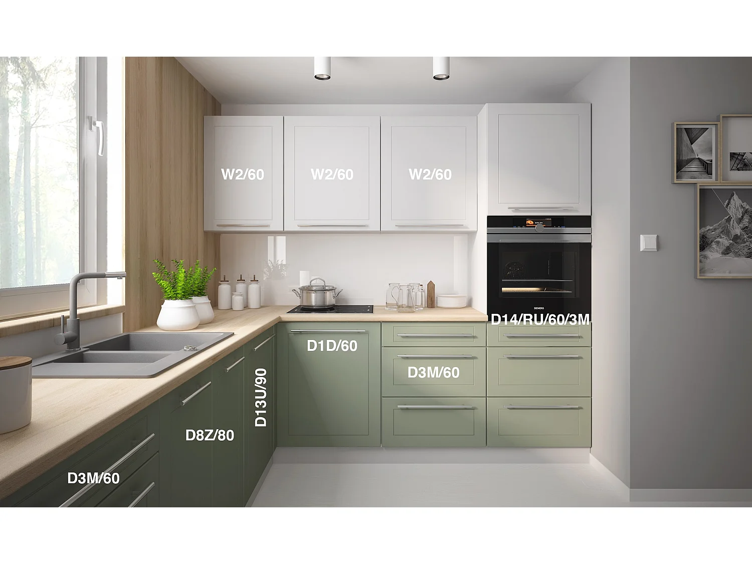 WINKELKÜCHE Bari grau / signalweiß-blassgrün matt 9-teilig