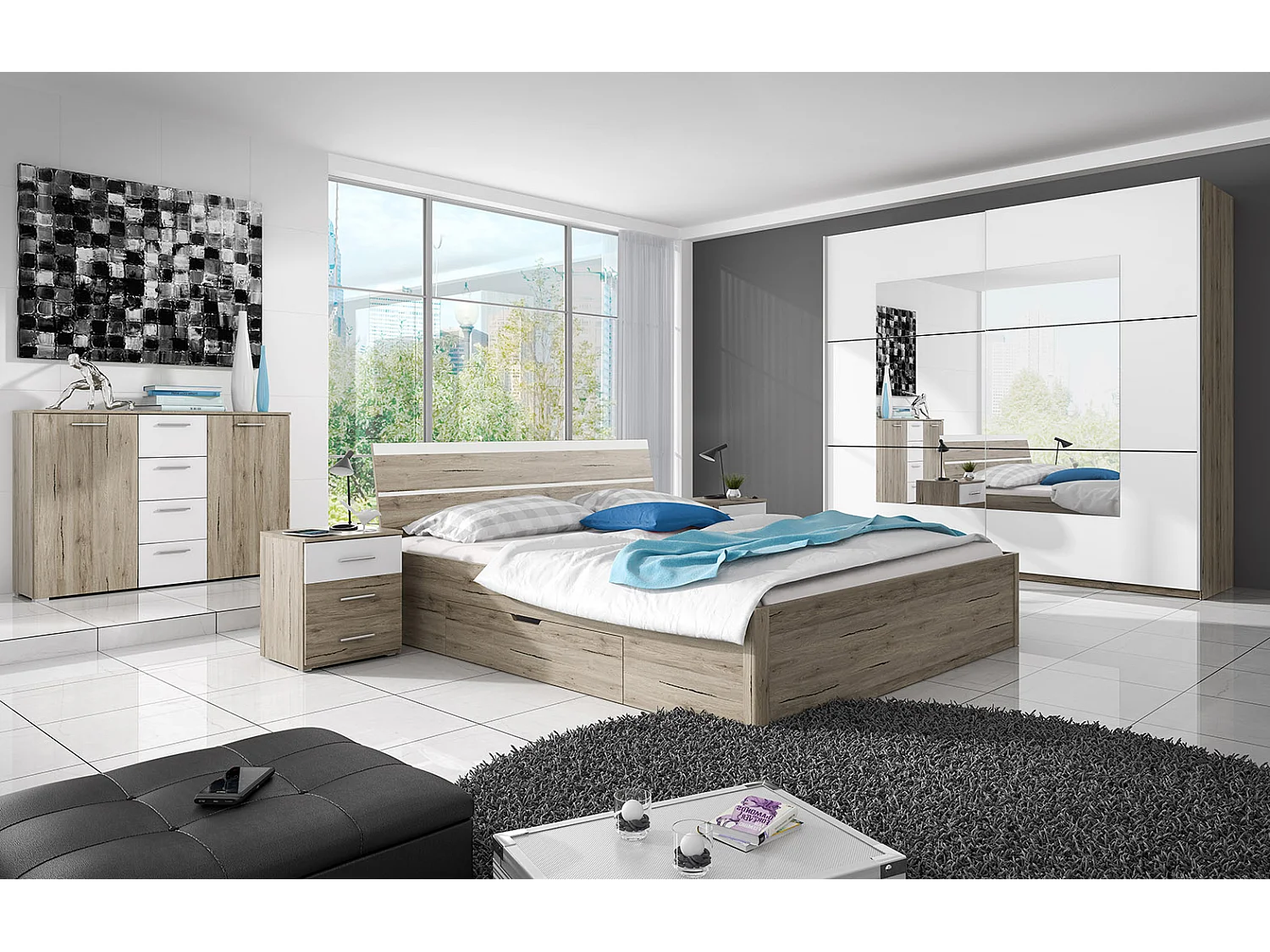 NACHTKONSOLENSET Bilbao eiche sanremo weiß 47 cm / 41 cm / 56 cm