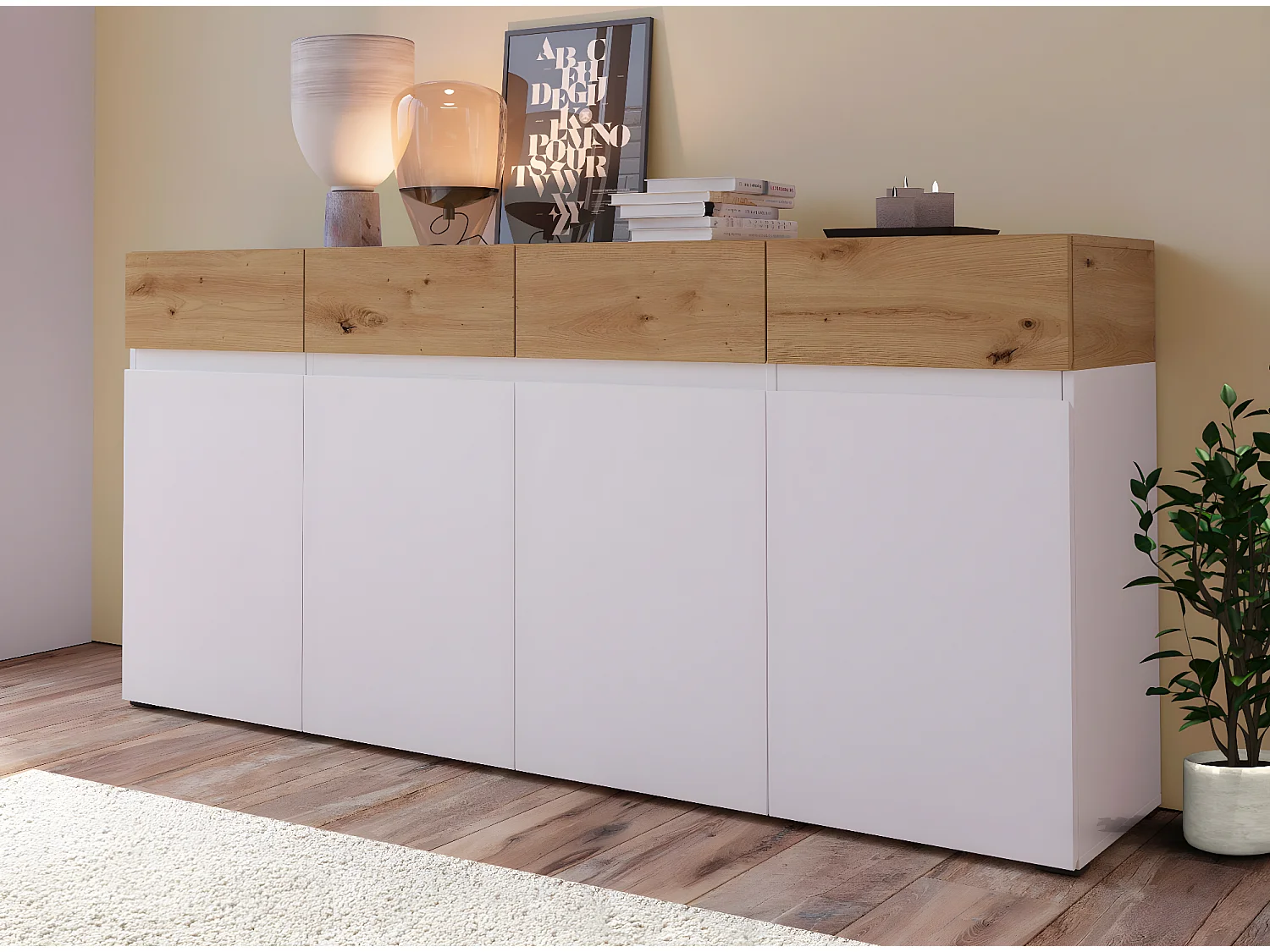 SIDEBOARD Rimini Weiß / Artisan Eiche 180 / 40 / 86cm
