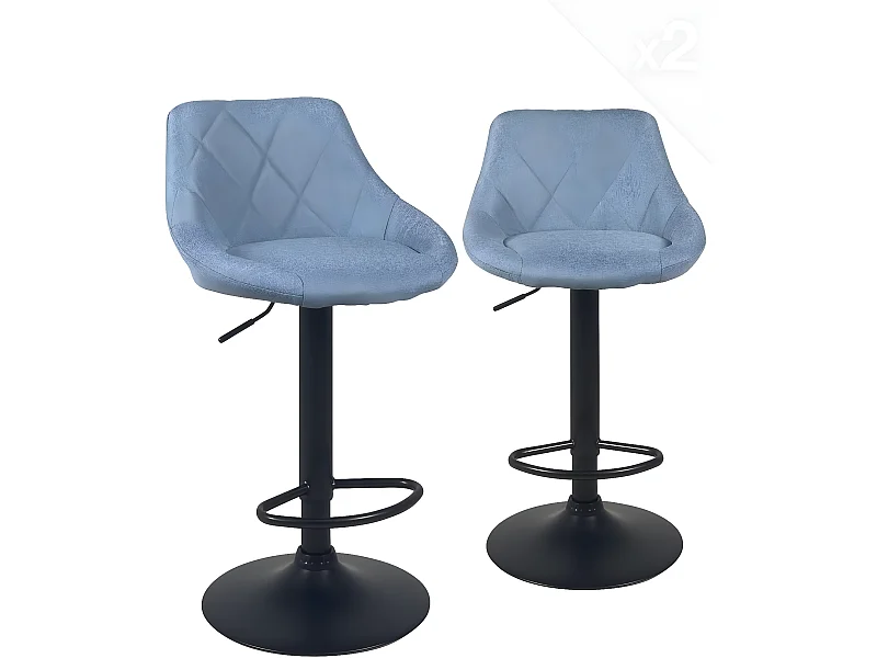 Lot 2 chaises de bar, tissu rembourré matelassé , pivotant, hauteur réglable pied noir LUTI (bleu)