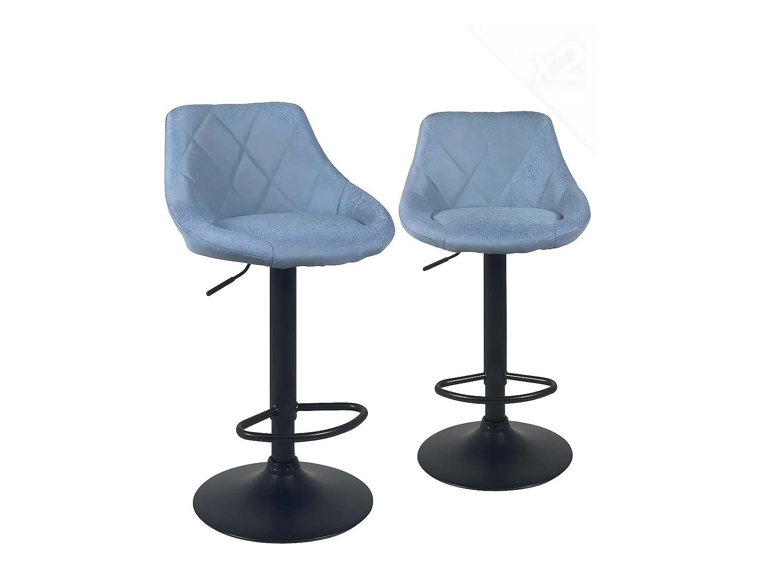 Lot 2 chaises de bar siège tissu rembourré matelassé, pivotant, hauteur réglable pied noir LUTI (Bleu)