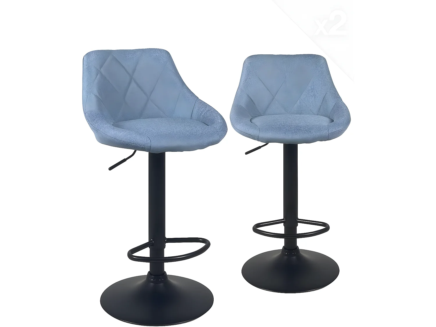 Juego de 2 sillas de bar, asiento acolchado de tela matelassé, giratorio, altura ajustable, base negra LUTI (azul)