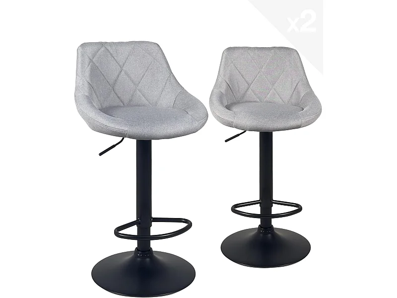Lot 2 chaises de bar, tissu rembourré matelassé , pivotant, hauteur réglable pied noir LUTI (gris)