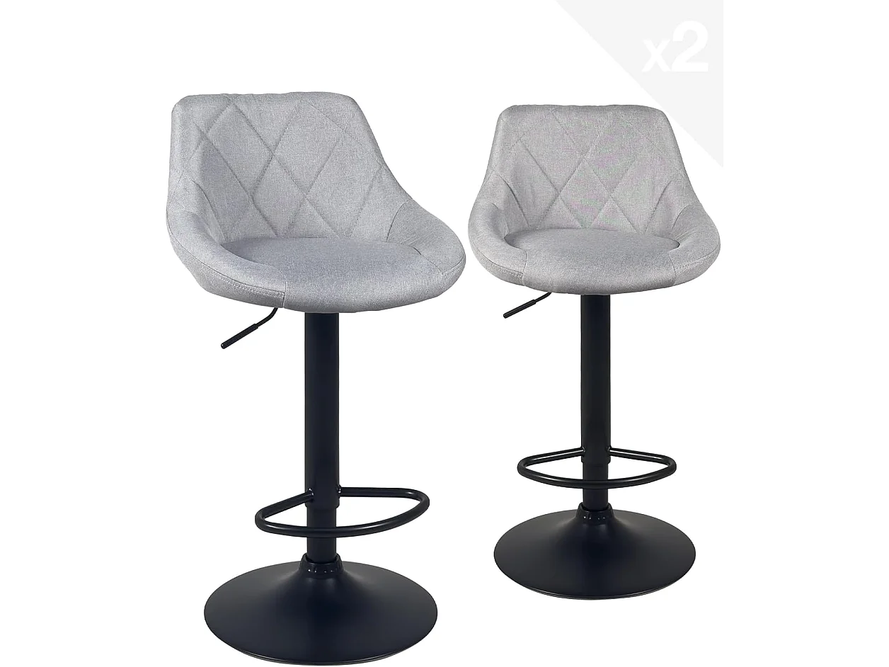 Lot 2 chaises de bar, tissu rembourré matelassé , pivotant, hauteur réglable pied noir LUTI (gris)